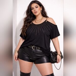 Y2K Grunge Cold Shoulder Gold Chain Straps and Studded Embellished Tee